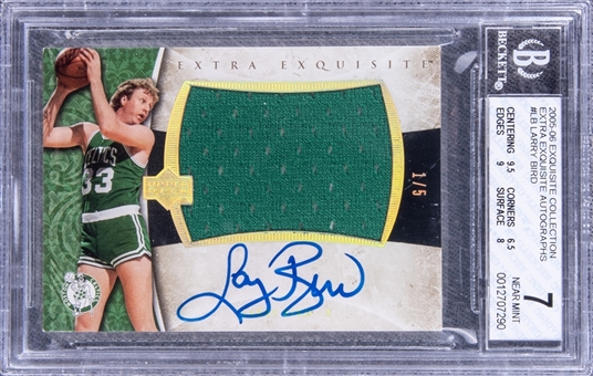 2005-06 UD "Exquisite Collection" Extra Exquisite Autographs #LB Larry Bird Signed Game Used Patch Card (#1/5) - BGS NM 7/BGS 10